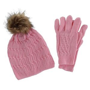 CTM Women's Knit Beanie Hat with Pom and Matching Gloves Set